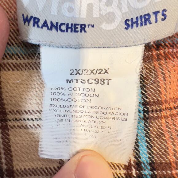 Wrangler Wrancher Flannel Shirt Men's XXL Pearl Snap Button Brick-Red Plaid West - Picture 2 of 12